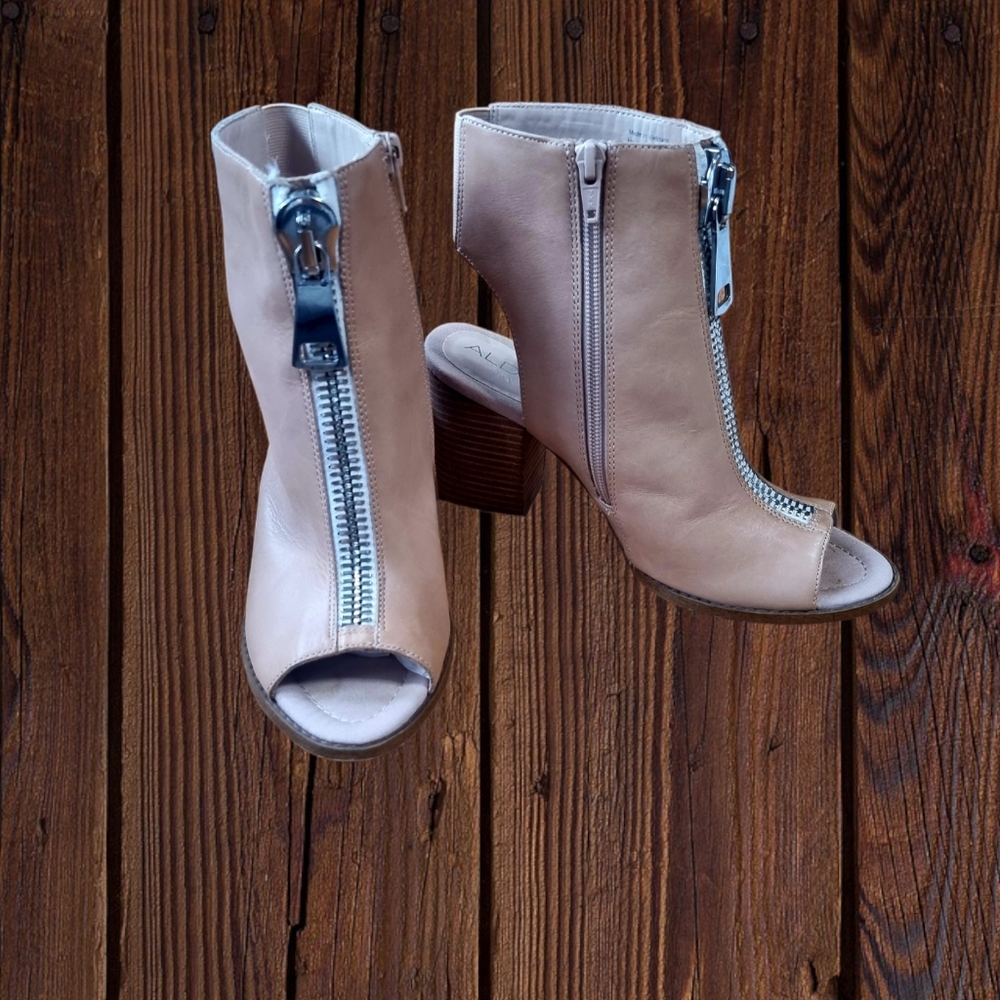 Aldo Genuine Leather Open Toe Block Heel Booties